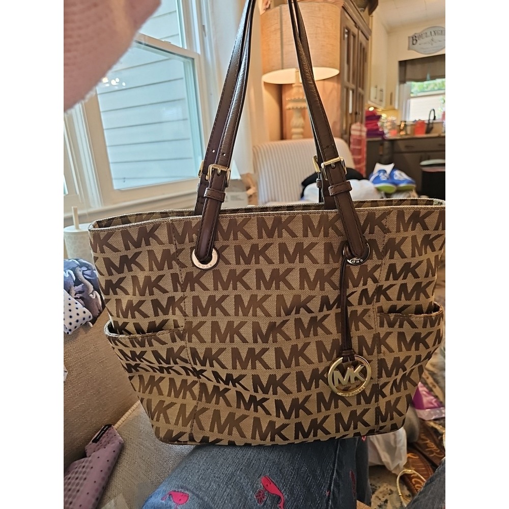 Michael Kors Tote Bag Canvas East West Jacquard Classic Business Gold Fob